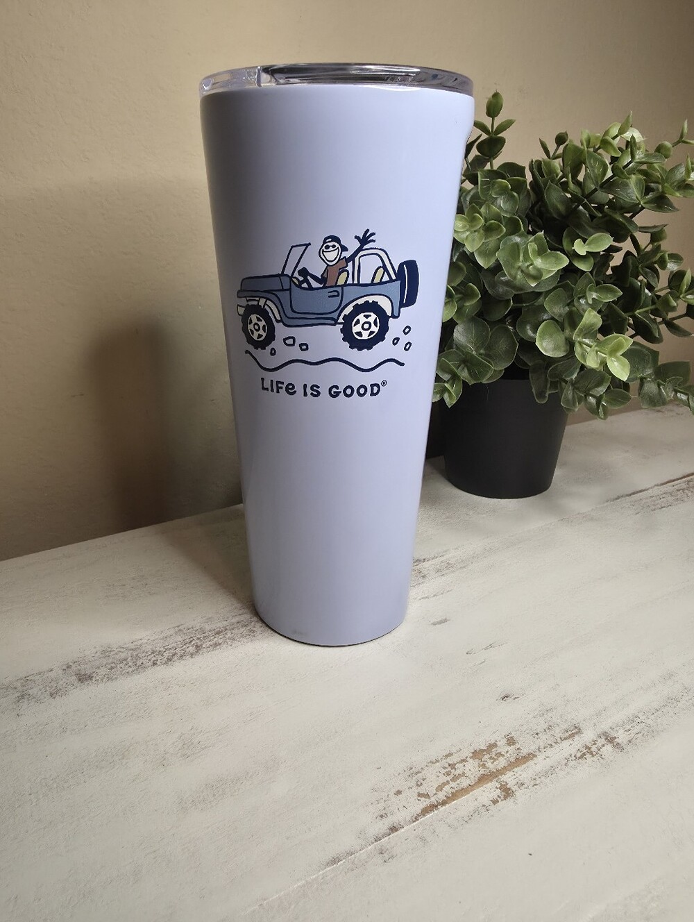 Life Is Good Pale Blue Stick-Figure Jeep Tumbler
